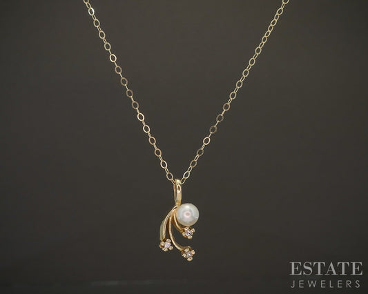 14k Yellow Gold Cultured Pearl & Diamond Spray Ladies Necklace 1.3g 18"L p16571b