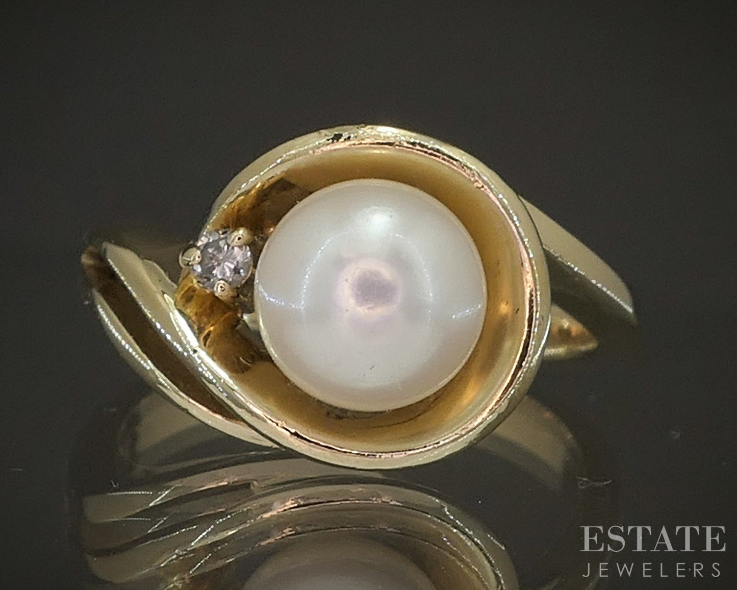 14k Yellow Gold 7mm Akoya Pearl & Diamond Ladies Ring 6.3g p16492b