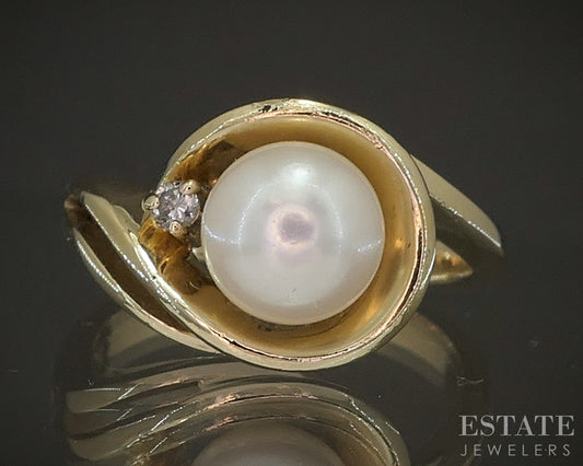 14k Yellow Gold 7mm Akoya Pearl & Diamond Ladies Ring 6.3g p16492b