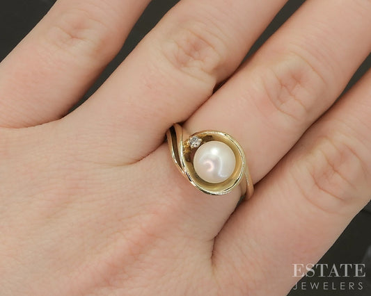 14k Yellow Gold 7mm Akoya Pearl & Diamond Ladies Ring 6.3g p16492b