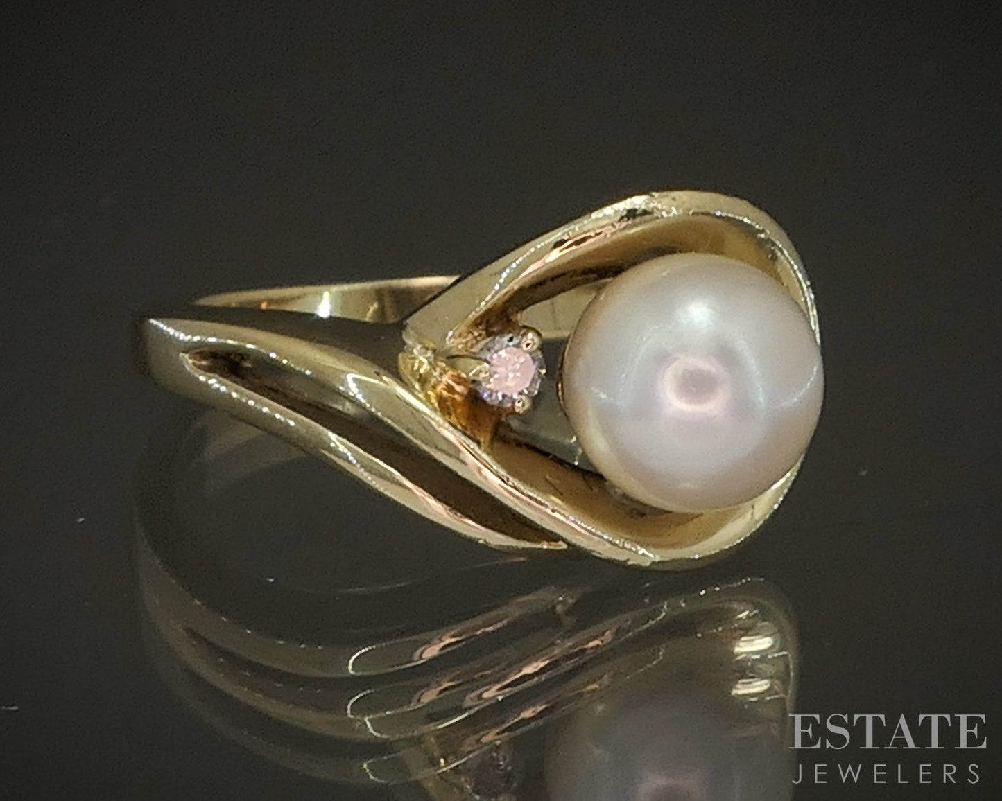 14k Yellow Gold 7mm Akoya Pearl & Diamond Ladies Ring 6.3g p16492b