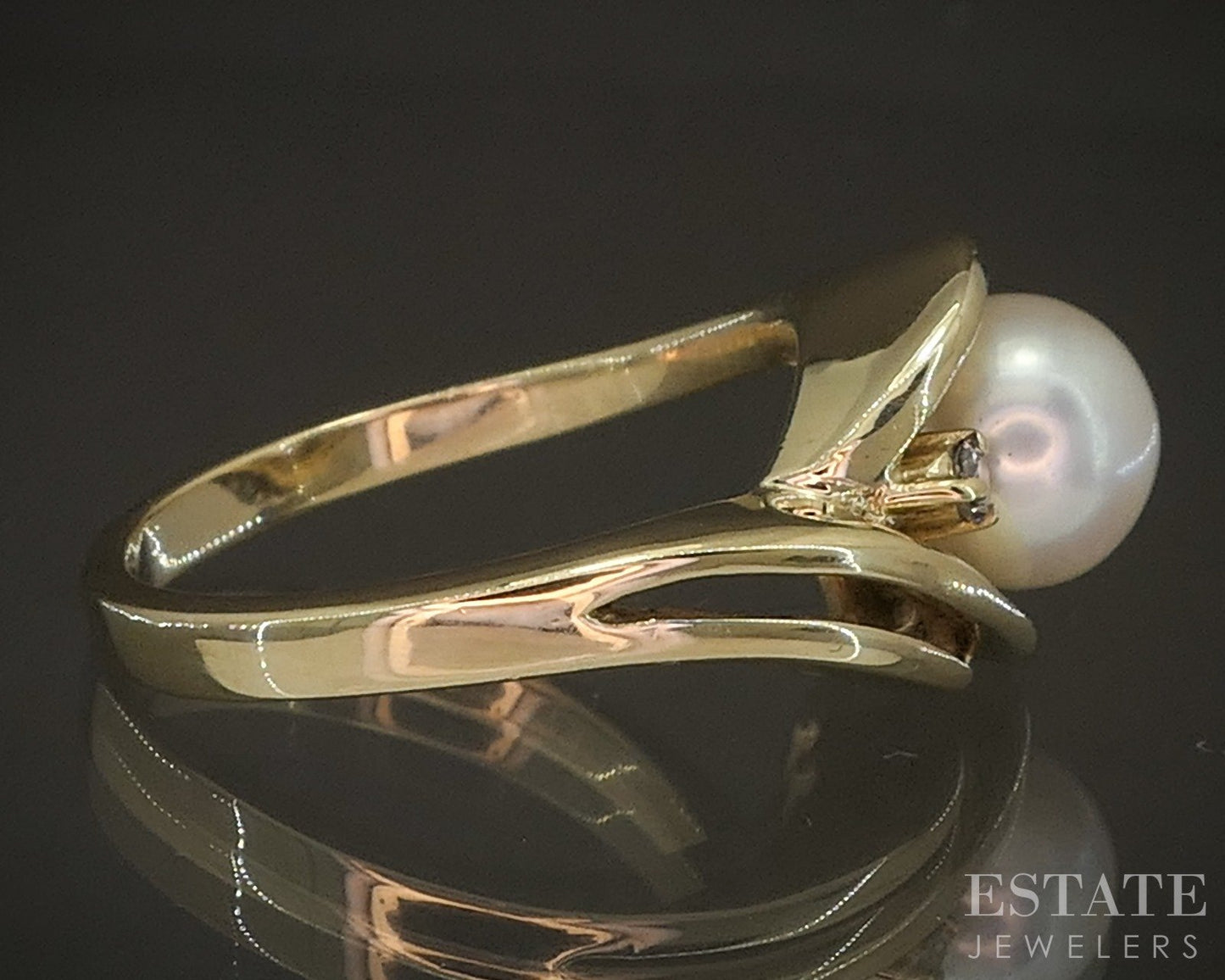 14k Yellow Gold 7mm Akoya Pearl & Diamond Ladies Ring 6.3g p16492b