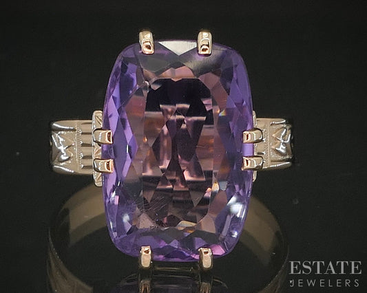 Antique Victorian 10k Rose Gold Cushion Natural Amethyst Filigree Ring 5g p16769