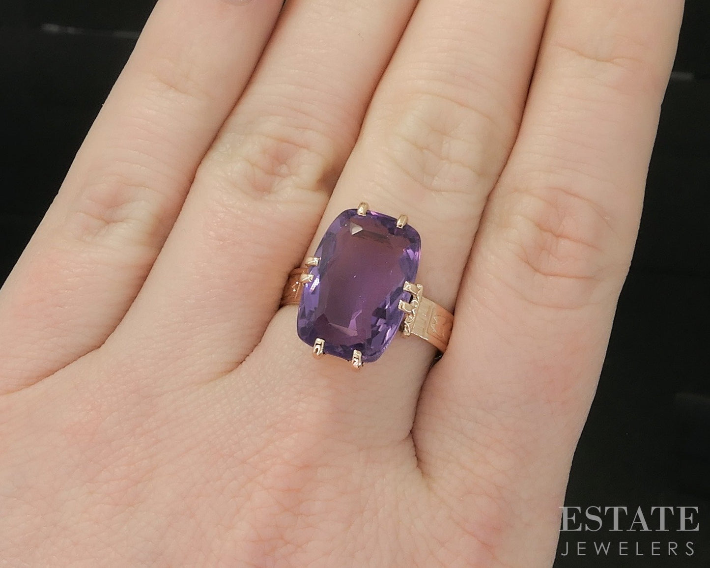 Antique Victorian 10k Rose Gold Cushion Natural Amethyst Filigree Ring 5g p16769