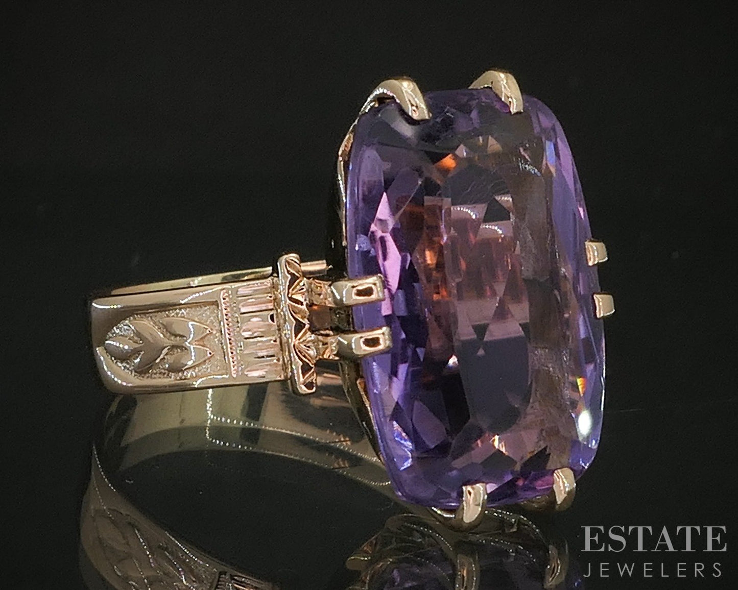 Antique Victorian 10k Rose Gold Cushion Natural Amethyst Filigree Ring 5g p16769