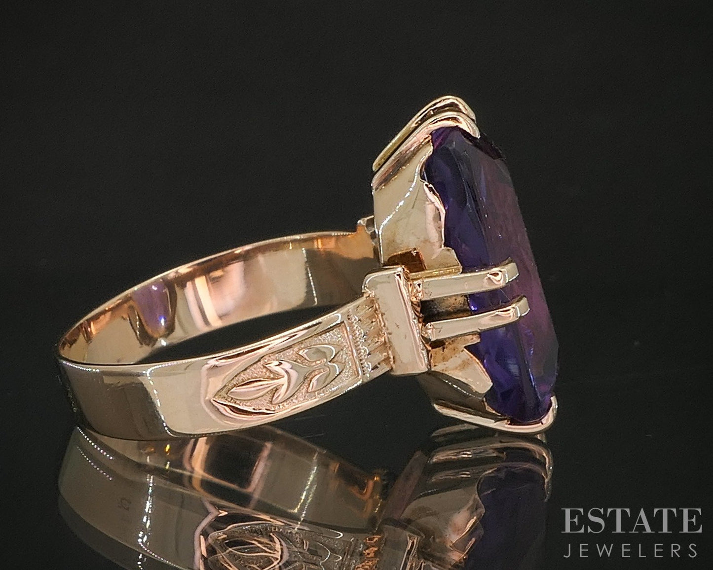 Antique Victorian 10k Rose Gold Cushion Natural Amethyst Filigree Ring 5g p16769