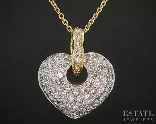 14k Yellow Gold Natural .50ctw Diamond Puffy Heart Necklace 6.7g 18"L p16771