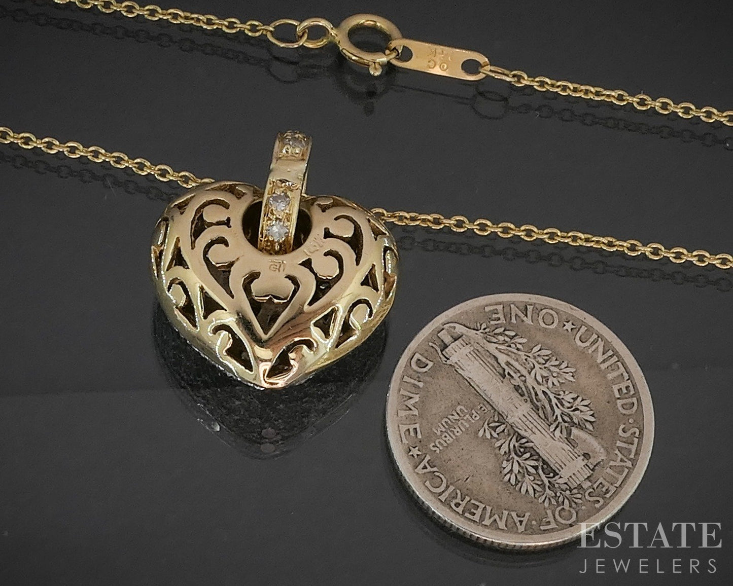 14k Yellow Gold Natural .50ctw Diamond Puffy Heart Necklace 6.7g 18"L p16771