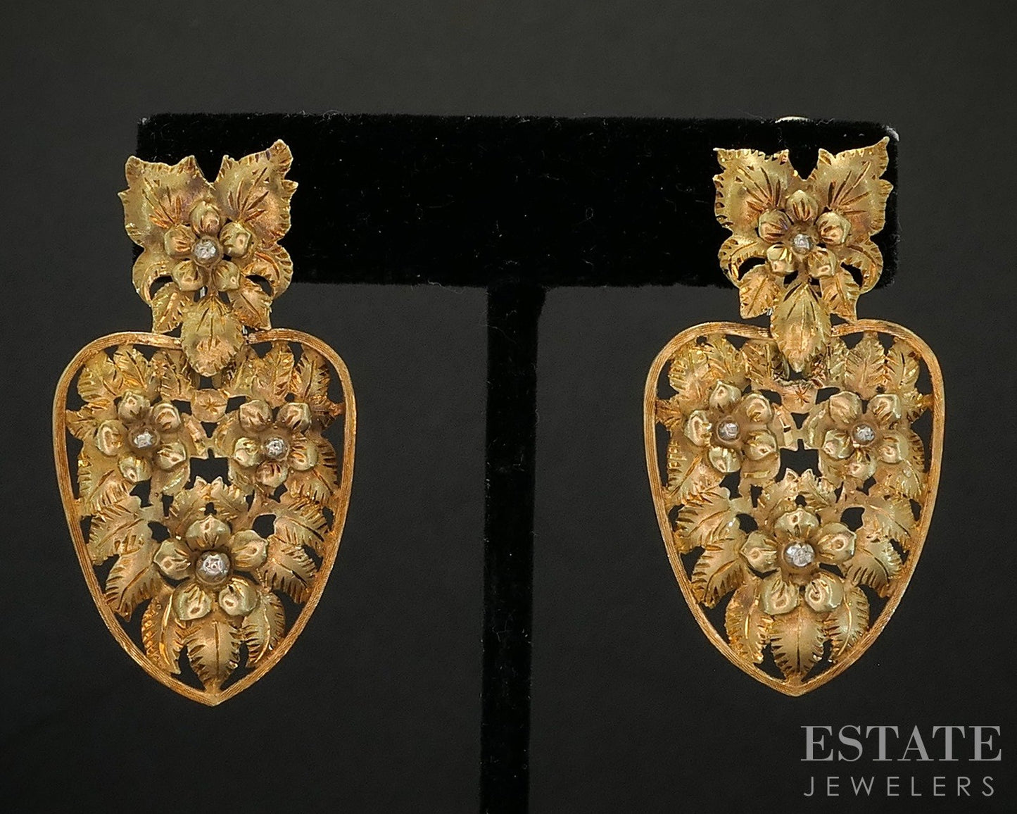 Vintage 18k Yellow Gold Floral Dangle Omega Back Earrings 16.1g p21242