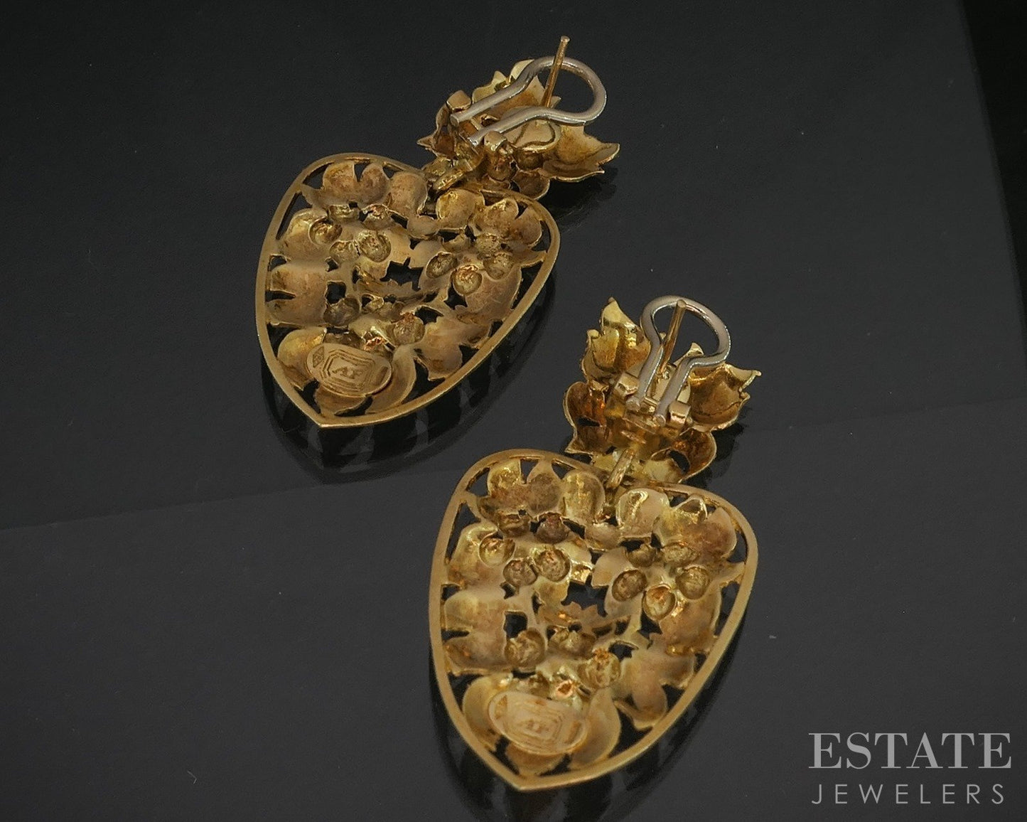 Vintage 18k Yellow Gold Floral Dangle Omega Back Earrings 16.1g p21242