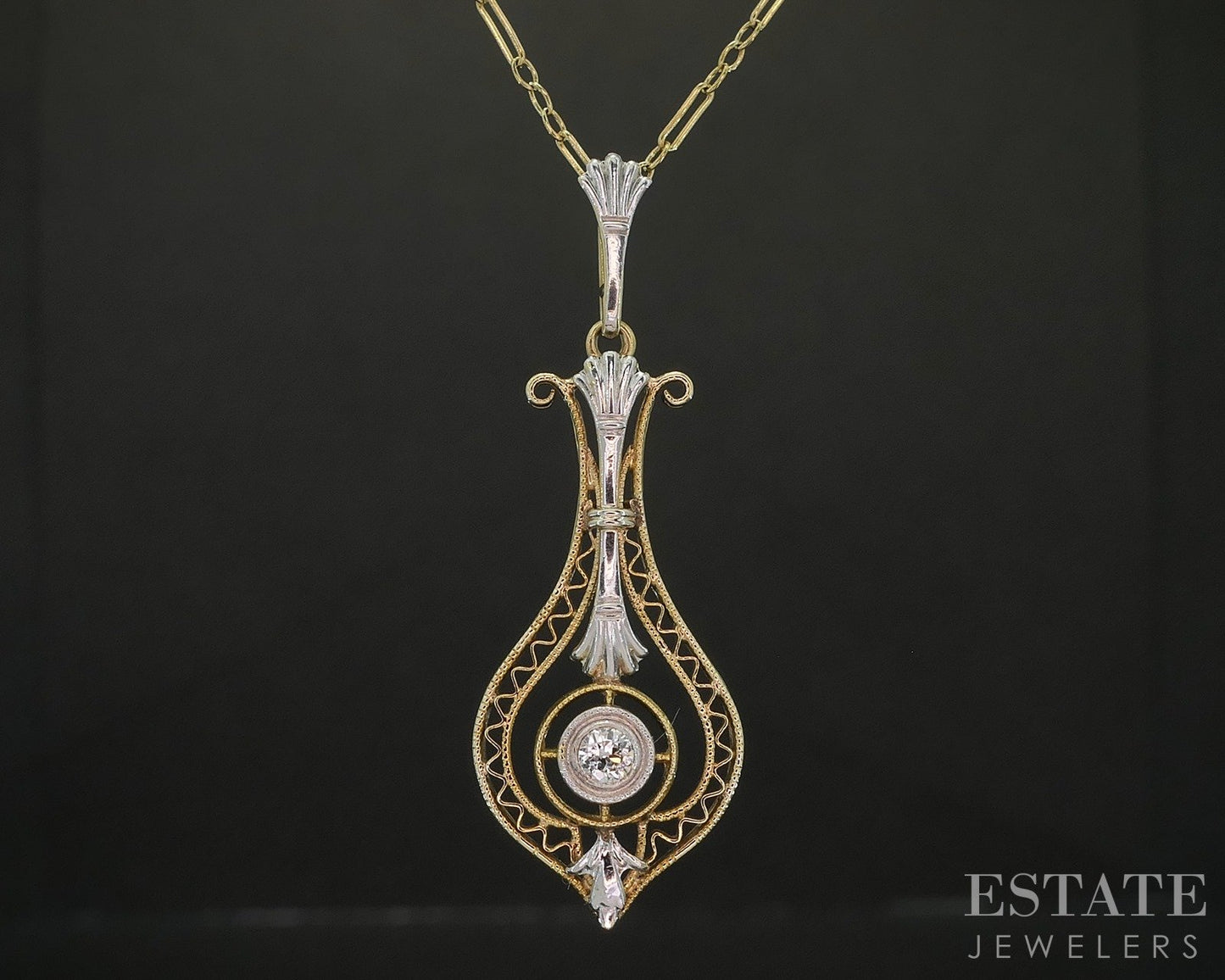 Antique 14K Yellow & White Gold Natural Diamond Lavalier Necklace 2.8g p17396