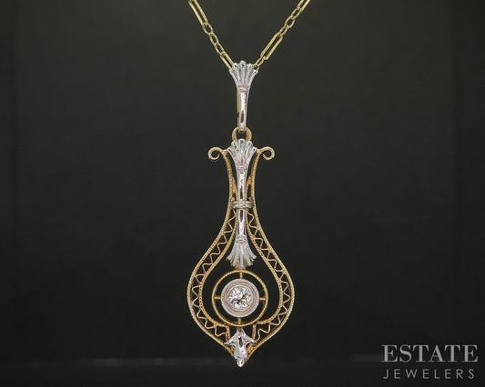 Antique 14K Yellow & White Gold Natural Diamond Lavalier Necklace 2.8g p17396