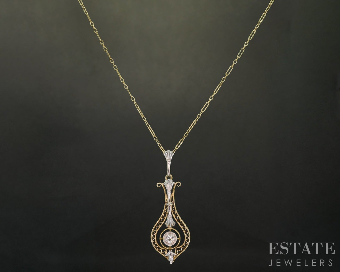 Antique 14K Yellow & White Gold Natural Diamond Lavalier Necklace 2.8g p17396