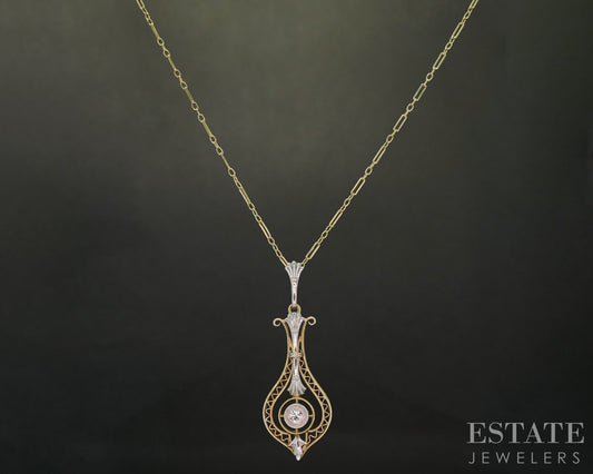 Antique 14K Yellow & White Gold Natural Diamond Lavalier Necklace 2.8g p17396