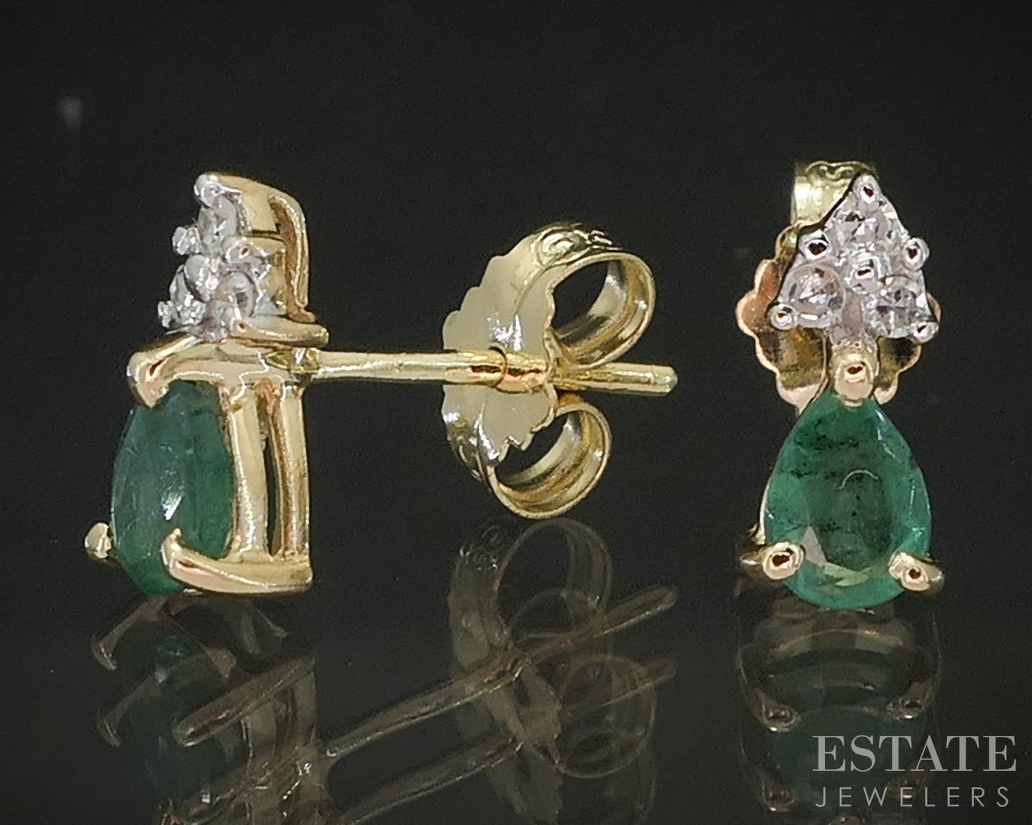 14k Yellow Gold Natural Emerald & Diamond Stud Earrings 0.7g p17587