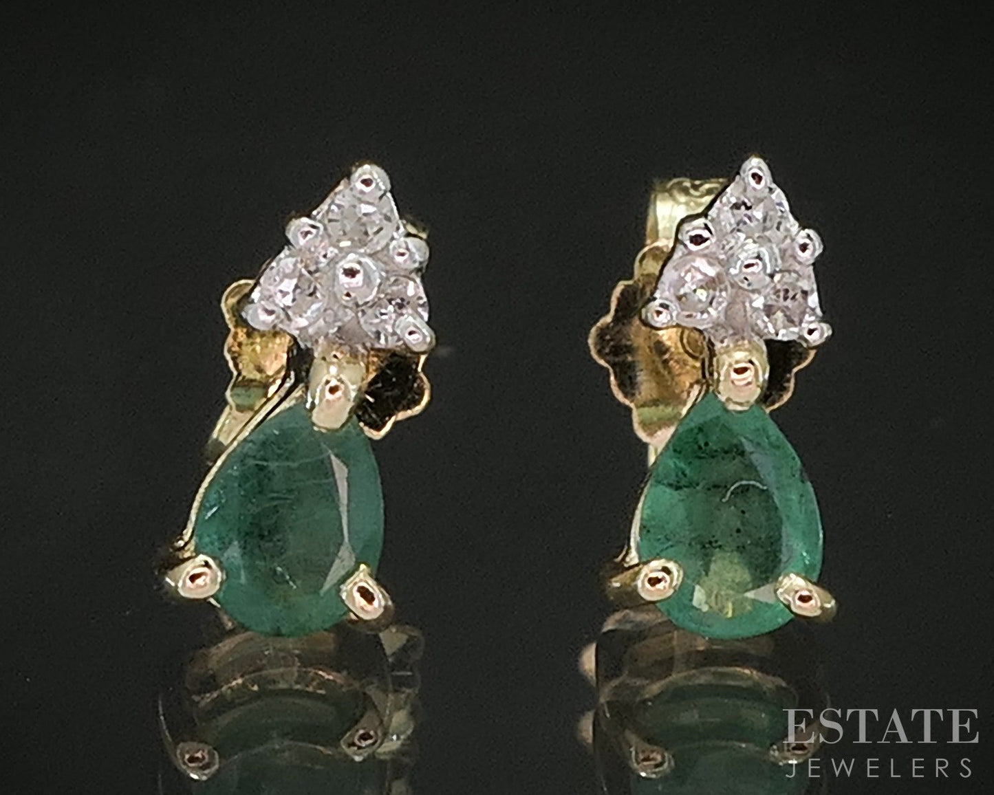 14k Yellow Gold Natural Emerald & Diamond Stud Earrings 0.7g p17587