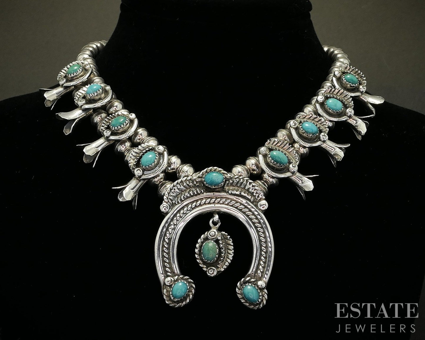 Sterling Natural Turquoise P. Haley Navajo Squash Blossom Necklace 74g p18033
