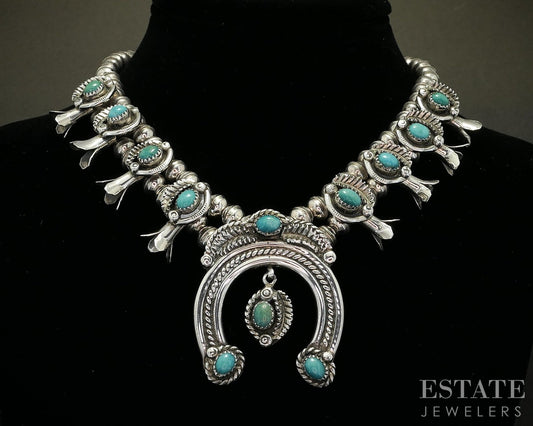 Sterling Natural Turquoise P. Haley Navajo Squash Blossom Necklace 74g p18033