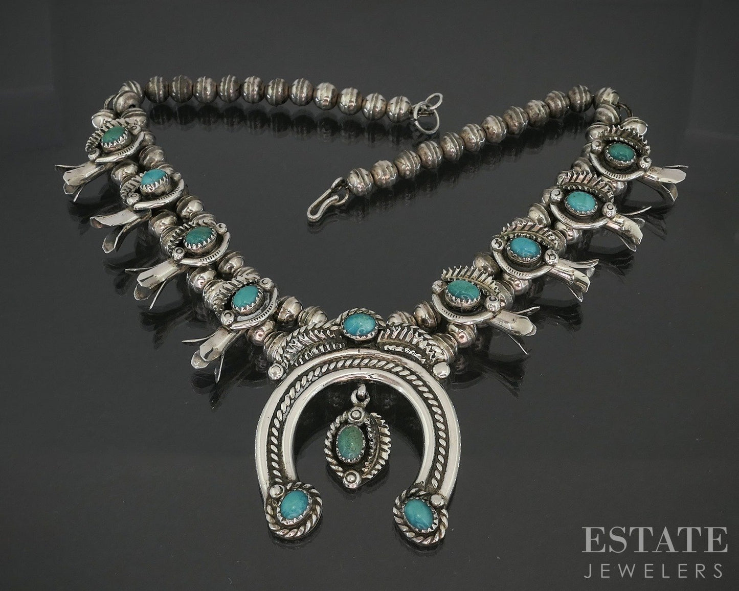 Sterling Natural Turquoise P. Haley Navajo Squash Blossom Necklace 74g p18033