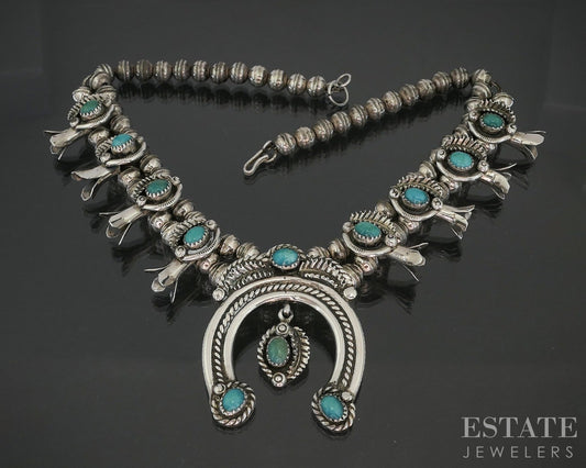 Sterling Natural Turquoise P. Haley Navajo Squash Blossom Necklace 74g p18033