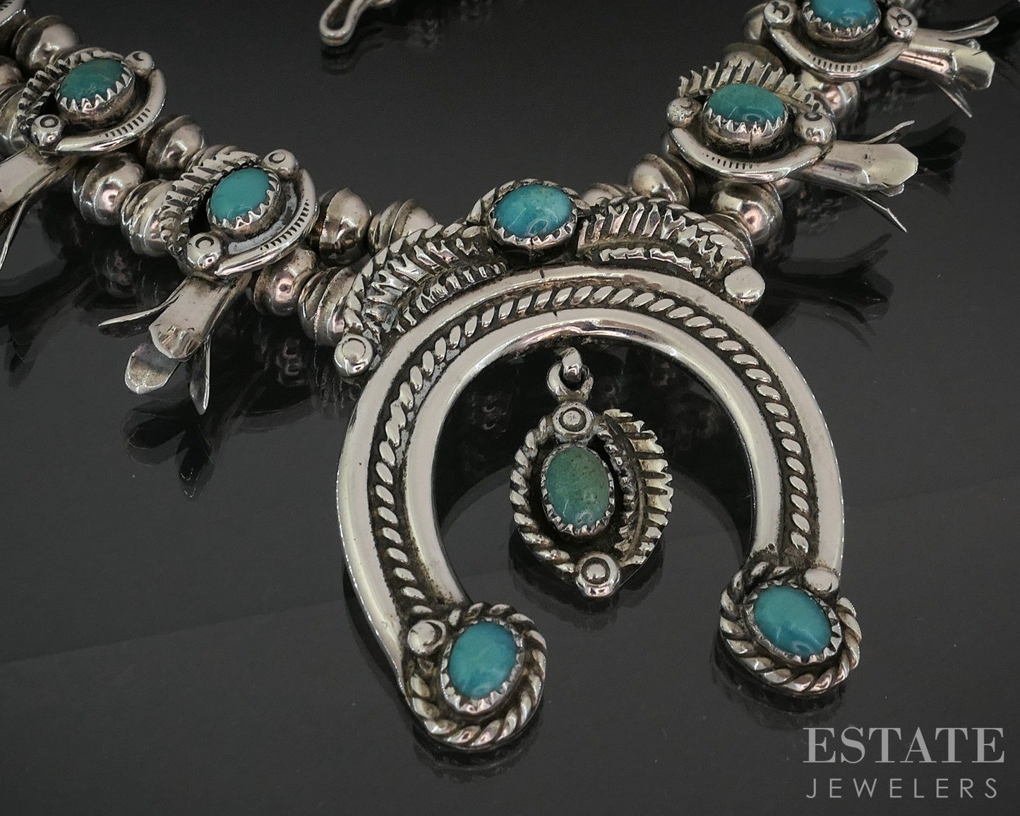 Sterling Natural Turquoise P. Haley Navajo Squash Blossom Necklace 74g p18033