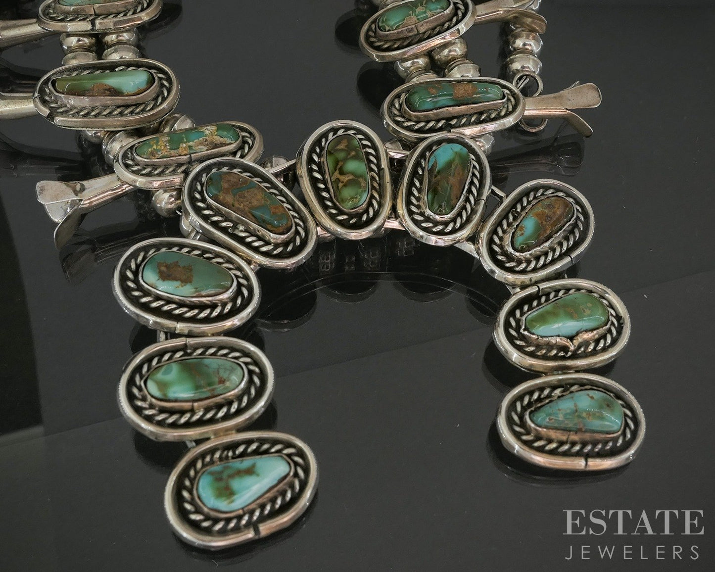Sterling Natural Turquoise Navajo Squash Blossom Necklace & Earrings 158g p17950