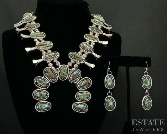 Sterling Natural Turquoise Navajo Squash Blossom Necklace & Earrings 158g p17950