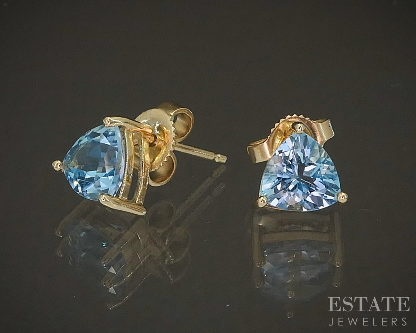 14k Yellow Gold 6mm Trillion Natural Blue Topaz Stud Earrings 1.4g p17008b