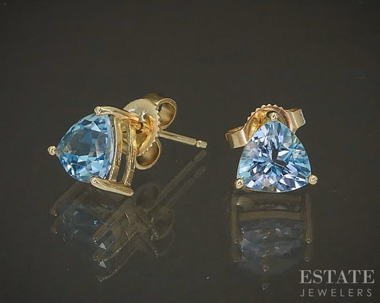 14k Yellow Gold 6mm Trillion Natural Blue Topaz Stud Earrings 1.4g p17008b