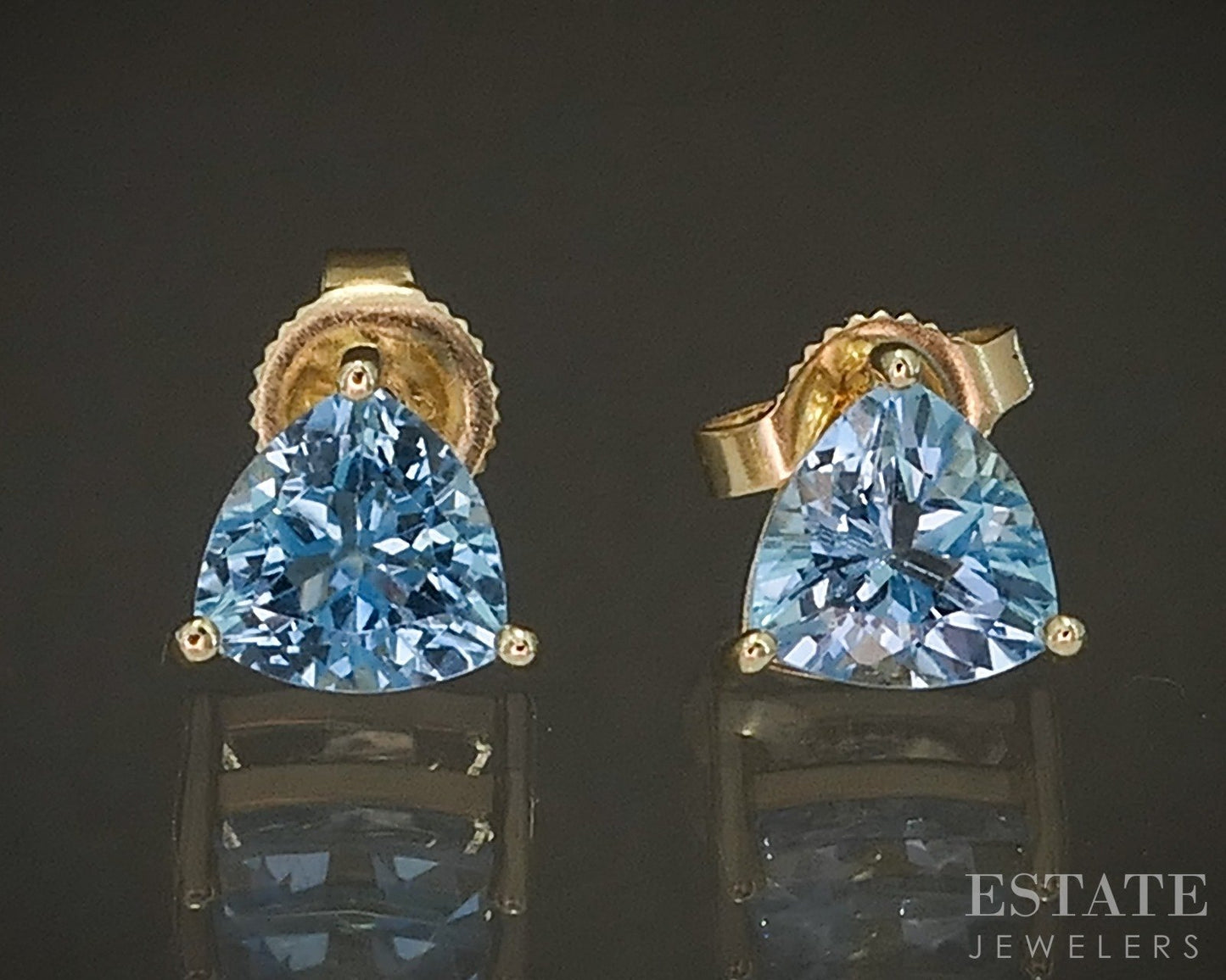14k Yellow Gold 6mm Trillion Natural Blue Topaz Stud Earrings 1.4g p17008b