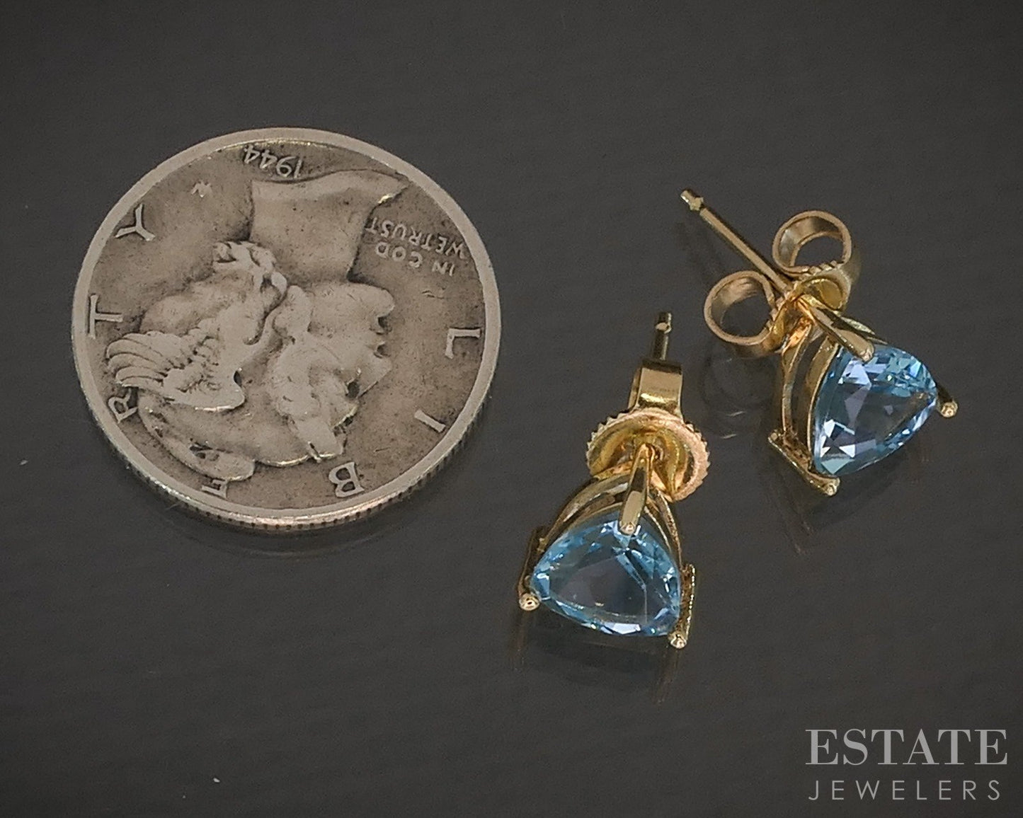 14k Yellow Gold 6mm Trillion Natural Blue Topaz Stud Earrings 1.4g p17008b