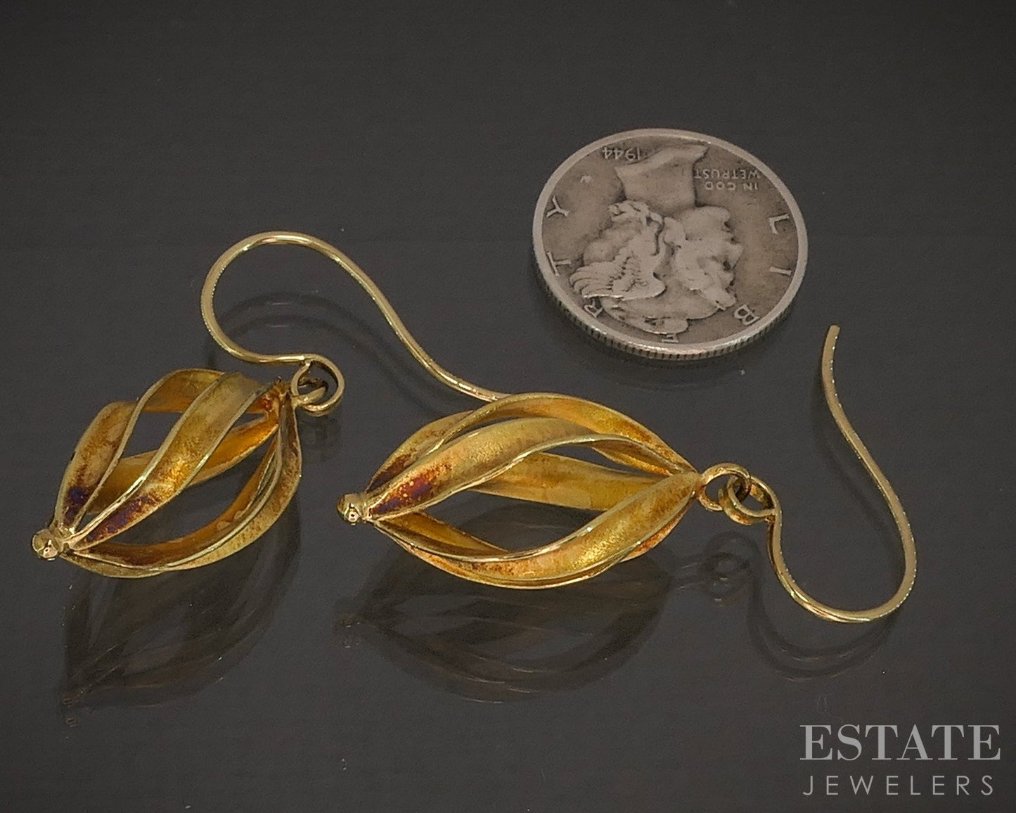 Vintage 18k Yellow Gold Brushed Twisted Dangle Ladies Earrings 4.3g p16319b