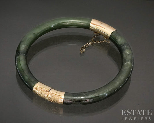 Antique 14k Yellow Gold Natural Green Jade Bangle Bracelet 29.3g p16102b
