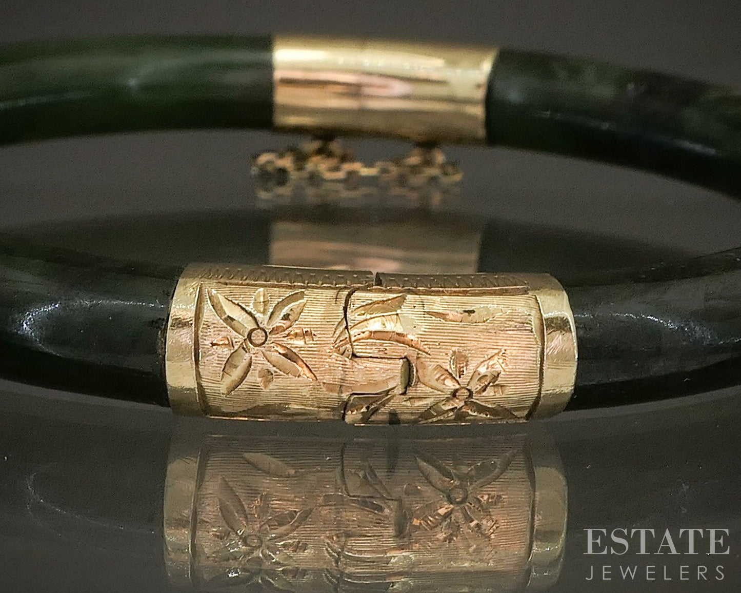Antique 14k Yellow Gold Natural Green Jade Bangle Bracelet 29.3g p16102b