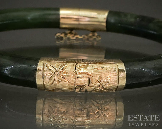 Antique 14k Yellow Gold Natural Green Jade Bangle Bracelet 29.3g p16102b