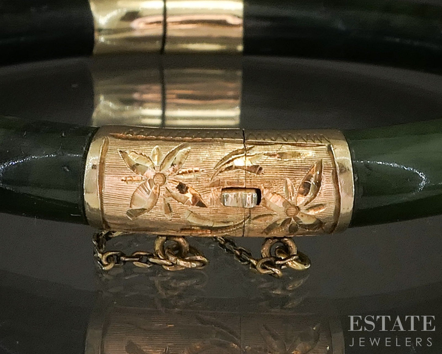 Antique 14k Yellow Gold Natural Green Jade Bangle Bracelet 29.3g p16102b