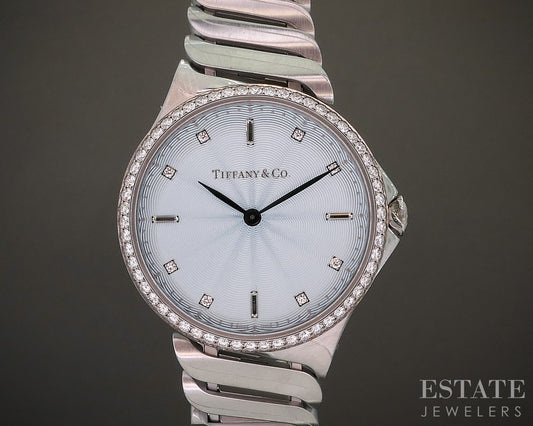 Tiffany & Co. Metro 2-Hand Blue Natural .75ctw Diamond Ladies Watch p83385