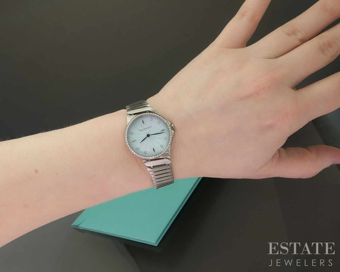 Tiffany & Co. Metro 2-Hand Blue Natural .75ctw Diamond Ladies Watch p83385