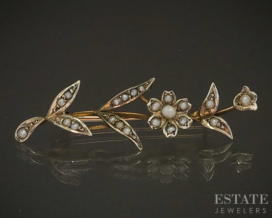 Antique Victorian 9k Yellow Gold Flower Seed Pearl Pin Brooch 2.3g p16727b