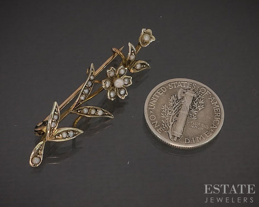 Antique Victorian 9k Yellow Gold Flower Seed Pearl Pin Brooch 2.3g p16727b