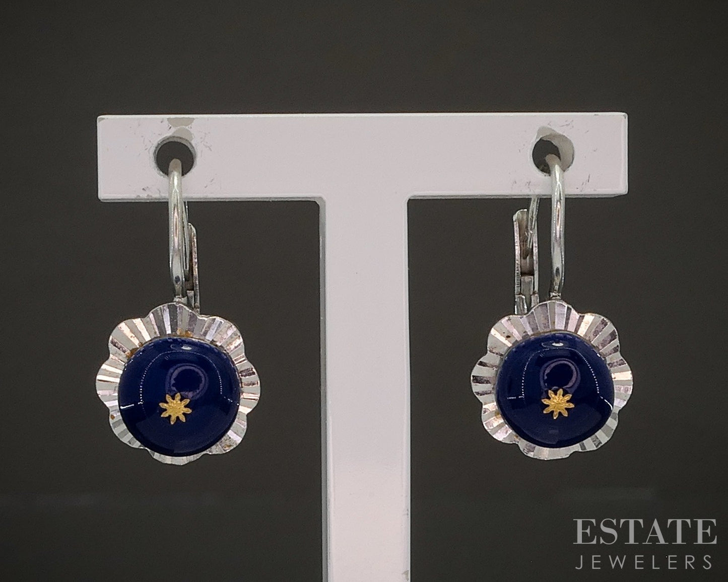 Vintage 14k White Gold Blue Enameled Star Lever Back Earrings 3.7g p17186b