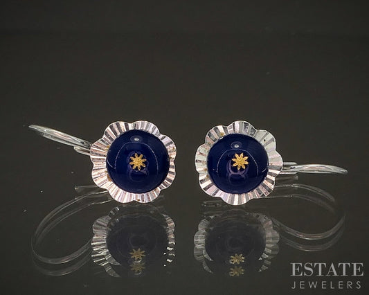Vintage 14k White Gold Blue Enameled Star Lever Back Earrings 3.7g p17186b