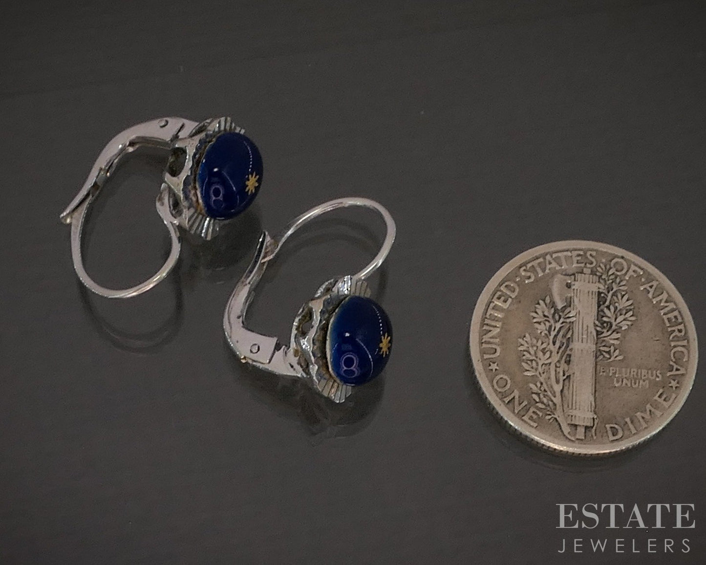 Vintage 14k White Gold Blue Enameled Star Lever Back Earrings 3.7g p17186b