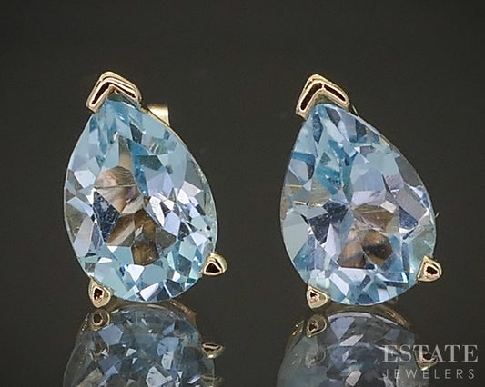 14k Yellow Gold Pear Natural Swiss Blue Topaz Stud Earrings 1.2g p17468b
