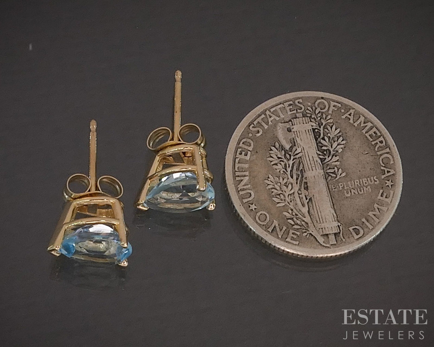 14k Yellow Gold Pear Natural Swiss Blue Topaz Stud Earrings 1.2g p17468b