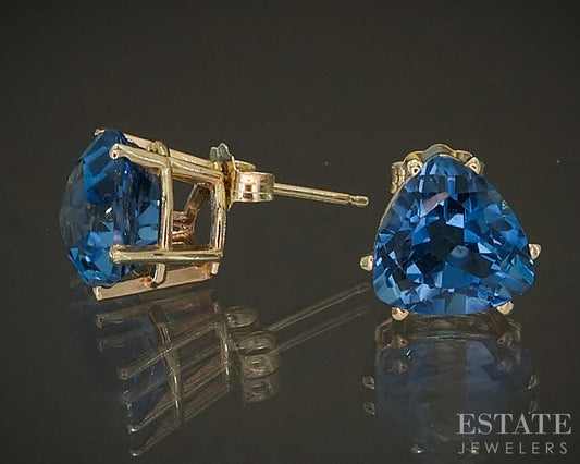 10k Yellow Gold 9mm Trillion Natural London Blue Topaz Stud Earrings p17454b