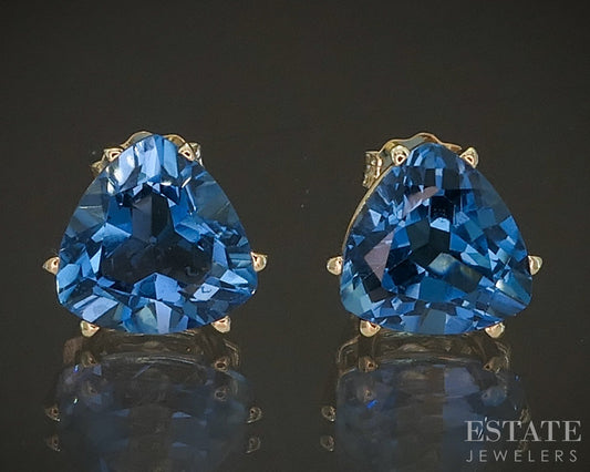 10k Yellow Gold 9mm Trillion Natural London Blue Topaz Stud Earrings p17454b