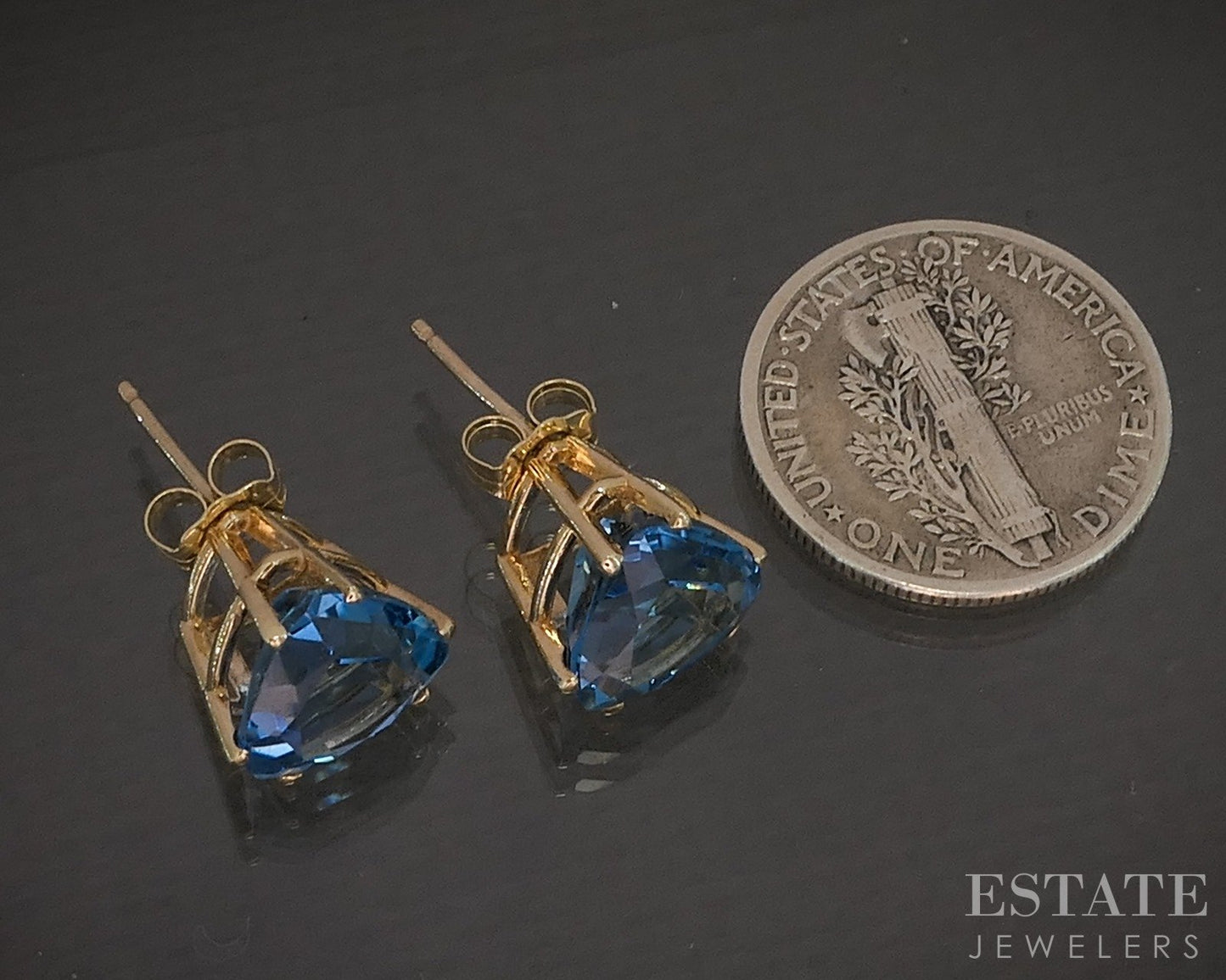 10k Yellow Gold 9mm Trillion Natural London Blue Topaz Stud Earrings p17454b