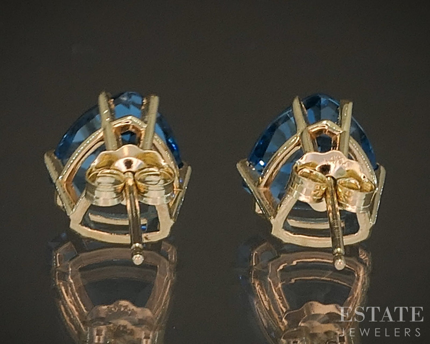 10k Yellow Gold 9mm Trillion Natural London Blue Topaz Stud Earrings p17454b