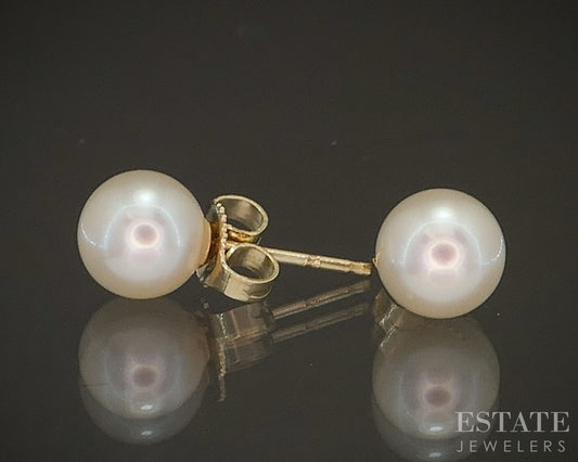 14k Yellow Gold 6.4mm Akoya Pearl Stud Ladies Earrings p17828b